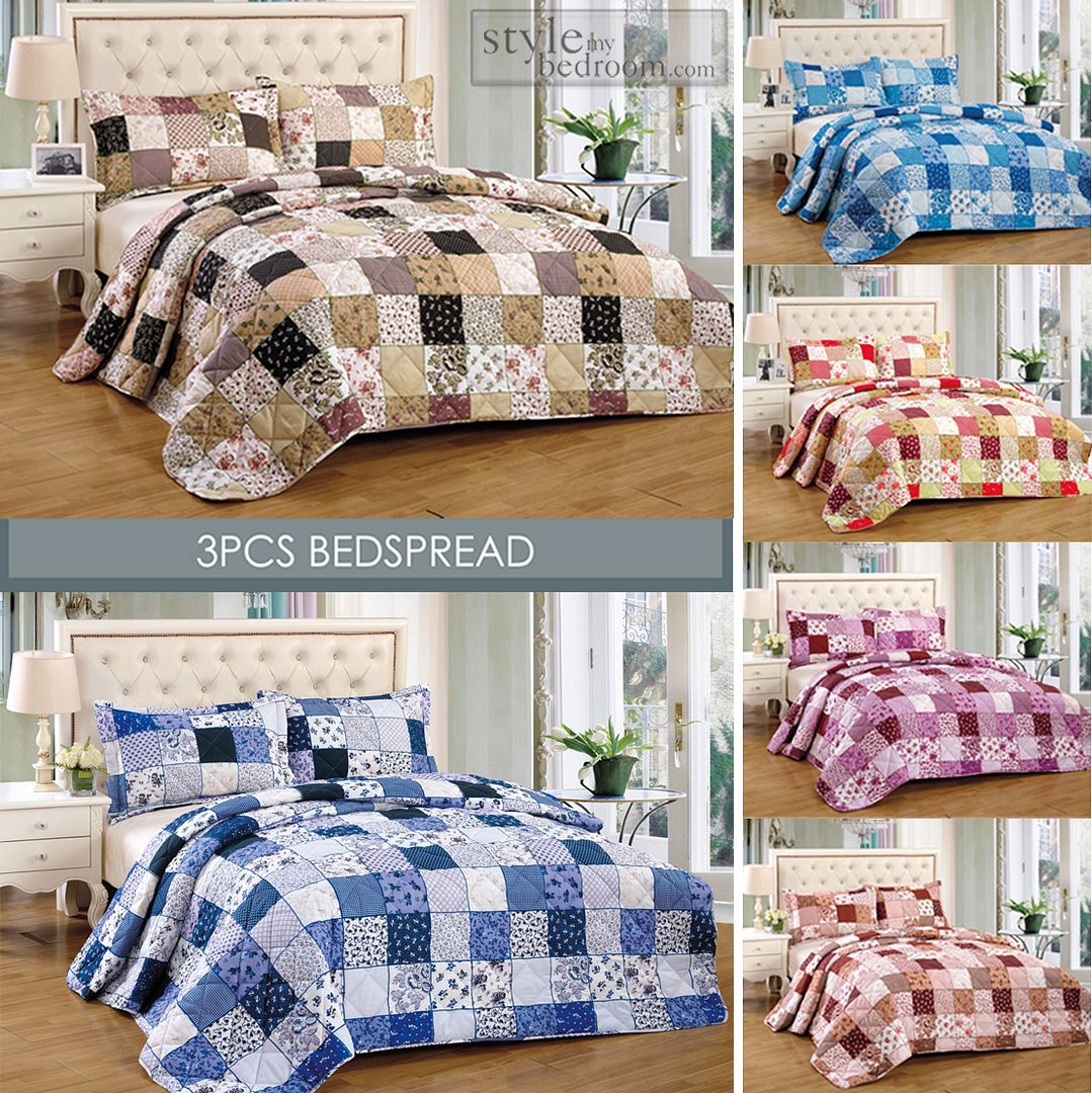 Double Blue Floral Patchwork Quilted Bedspread Throw + 2 Pillow Shams